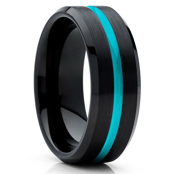 Black Tungsten - Brush Ring - Tungsten Wedding Band - Turquoise – Clean ...
