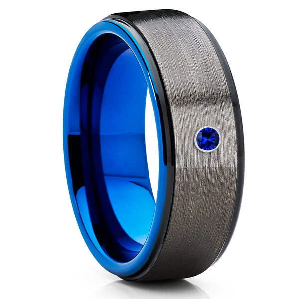 Blue Sapphire Ring - Gunmetal Wedding Band - Gunmetal Tungsten Ring ...