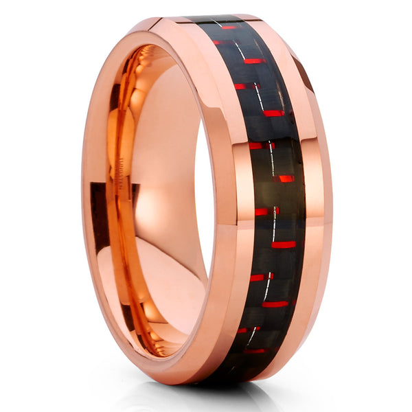 Carbon Fiber Ring - Rose Gold Tungsten - Tungsten Wedding Band - Red ...