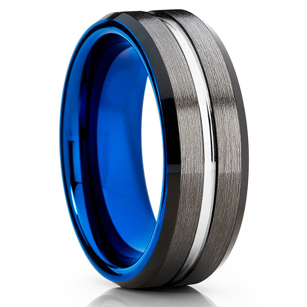 Gunmetal Wedding Ring - Blue Wedding Band - Black Tungsten Ring - Blue ...
