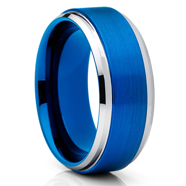 Blue Tungsten Ring - Blue Tungsten Wedding Band - Silver Tungsten Ring ...