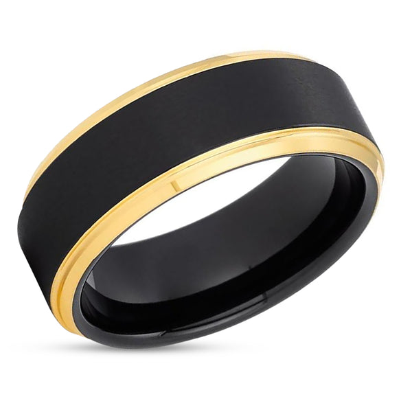 Yellow Gold Tungsten Wedding Band - Yellow Gold Tungsten Ring - Black Wedding Ring