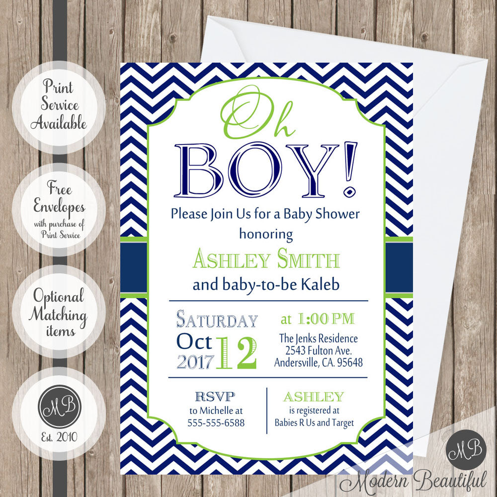 Navy And Lime Green Oh Boy Baby Shower Invitation Baby Oh Boy