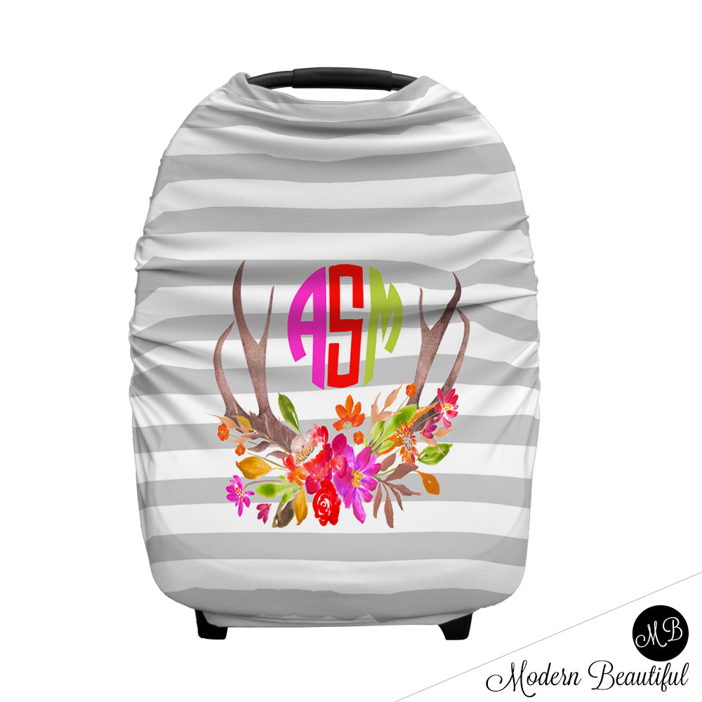 Gray And White Stripe Monogram Baby Girl Or Boy Car Seat Canopy Cover Modern Beautiful