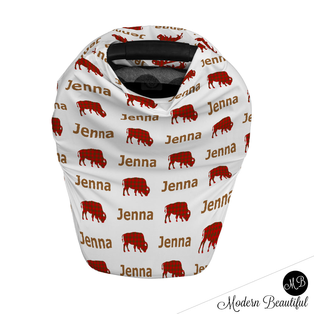 Buffalo baby boy or girl car seat canopy cover, buffalo baby gift, red and brown, custom infant car seat cover, personalized baby name carseat cover, nursing privacy cover, shopping cart cover, high chair cover (CHOOSE COLORS)