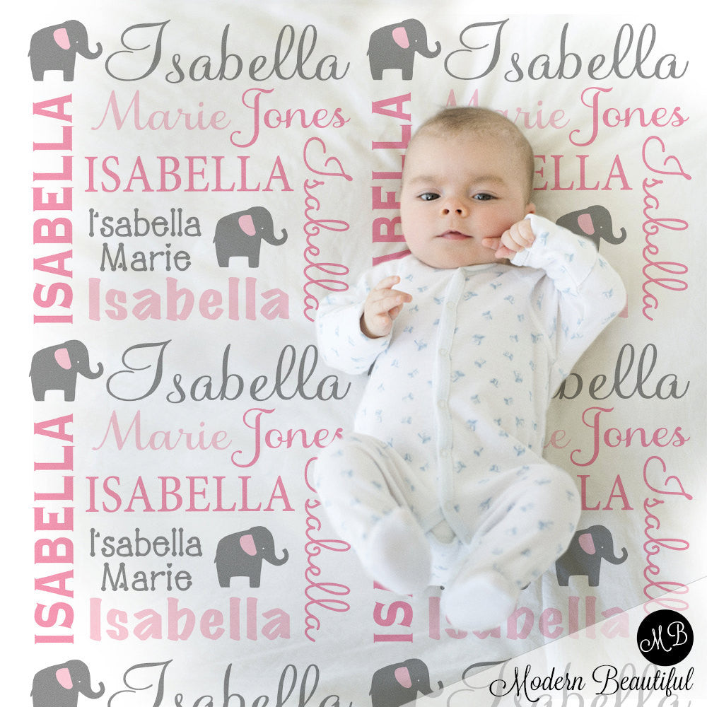 Elephant Name Blanket In Pink And Gray For Baby Girl