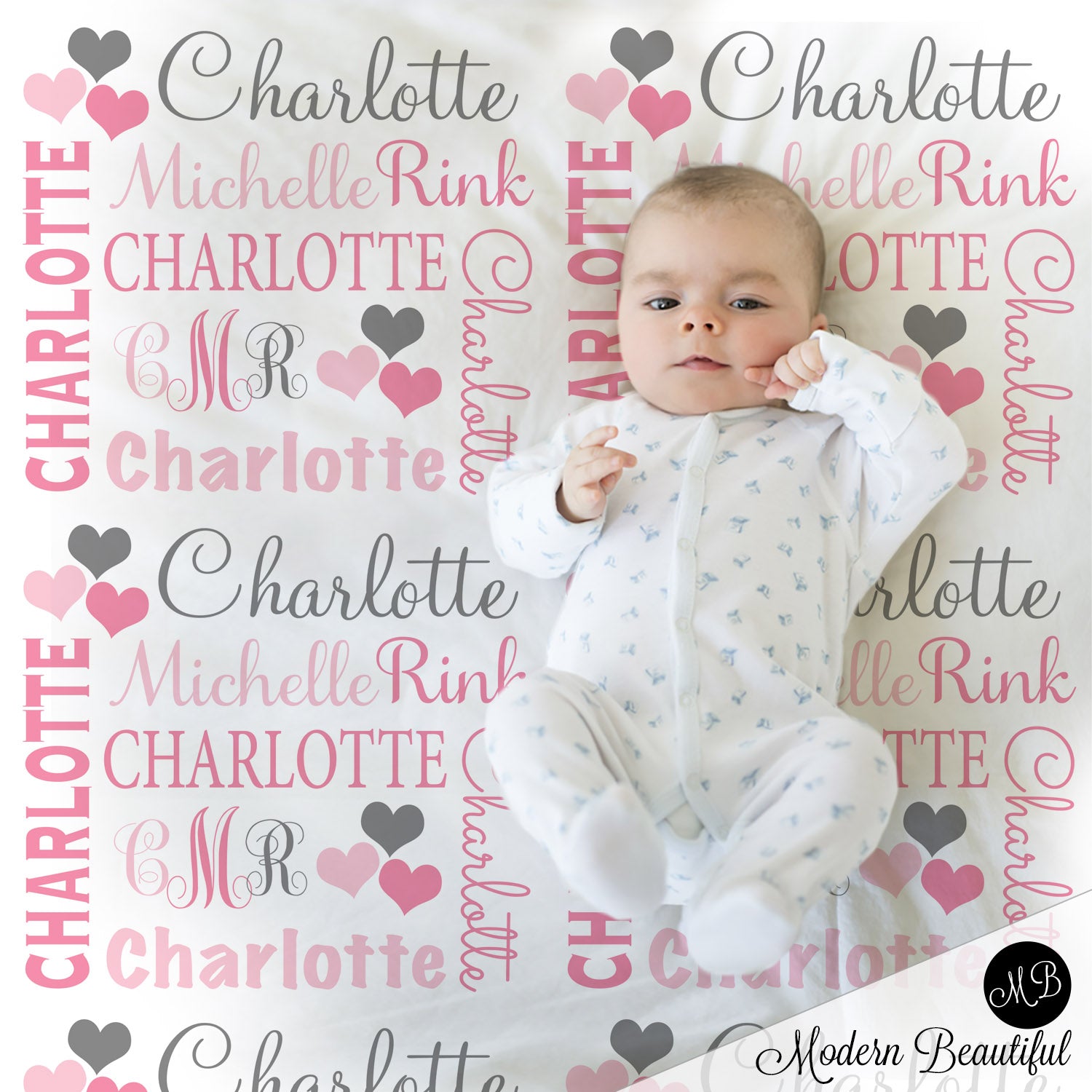 Heart Monogram Girl Baby Name Blanket