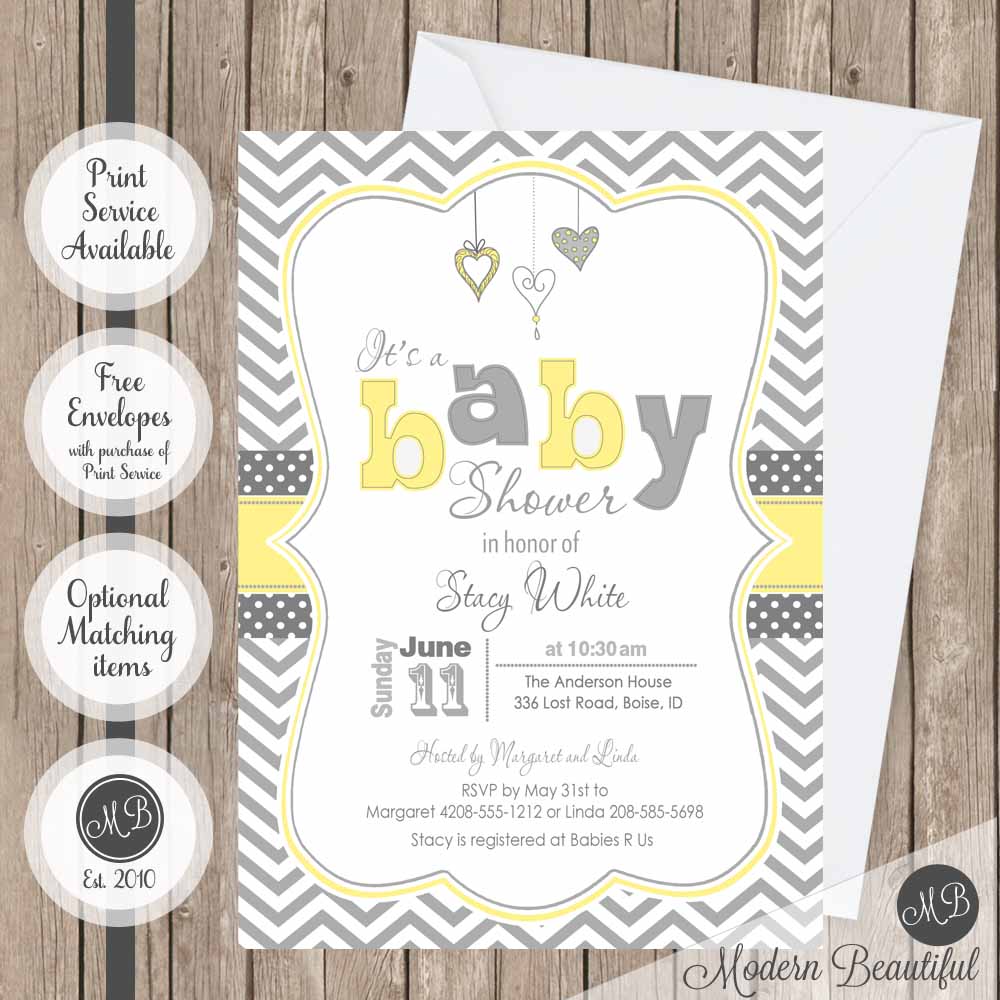 yellow and gray hearts baby shower invitation, gender