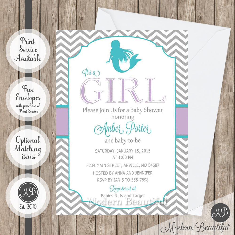 Purple Teal And Gray Mermaid Baby Shower Invitation Girl Mermaid