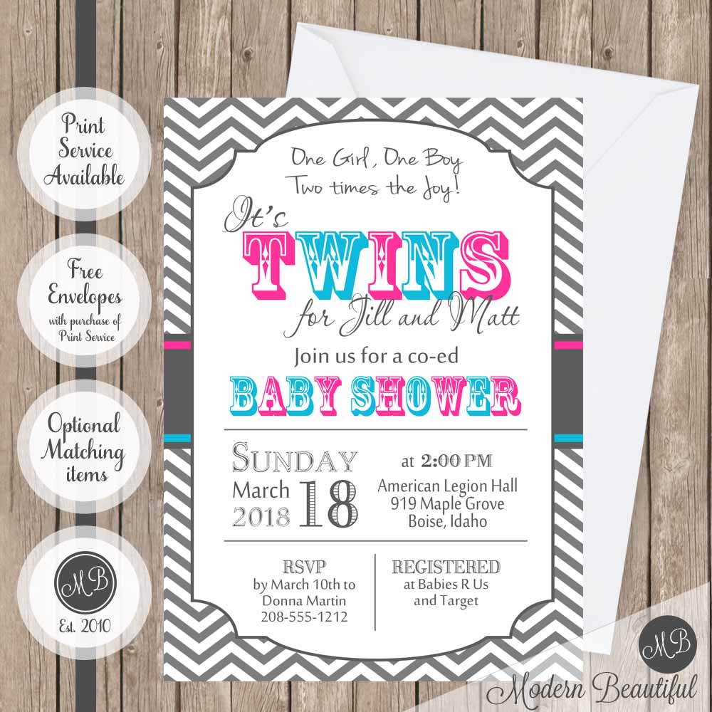 twin boy and girl baby shower invitation, blue and pink twin