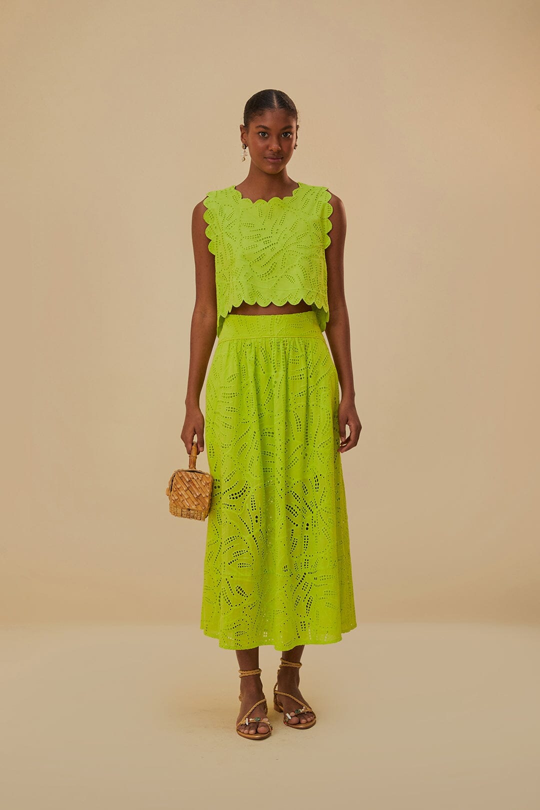 Green Monstera Eyelet Maxi Skirt, GREEN / L