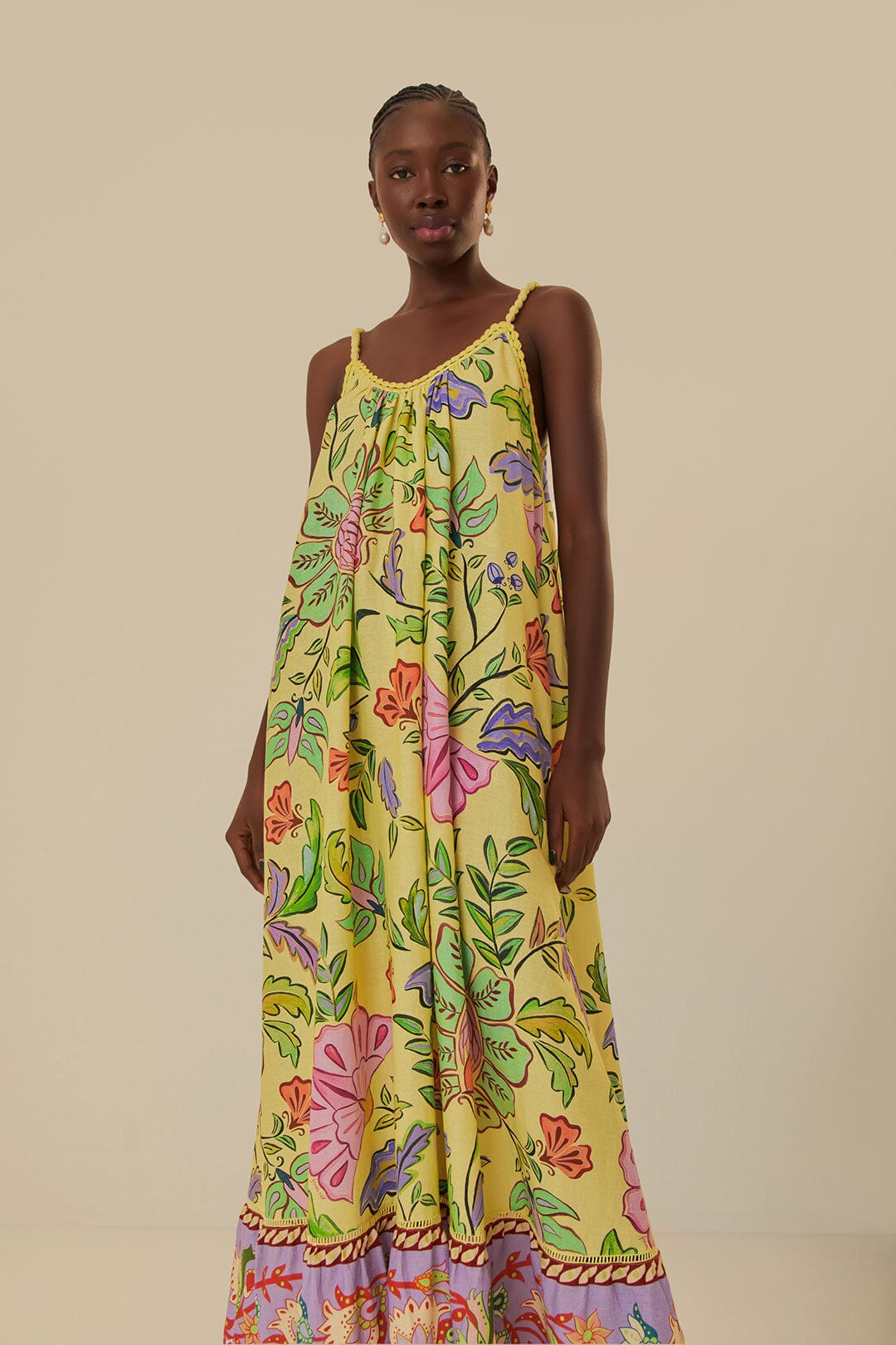 Yellow Floral Insects Maxi Dress, FLORAL INSECTS YELLOW / XS