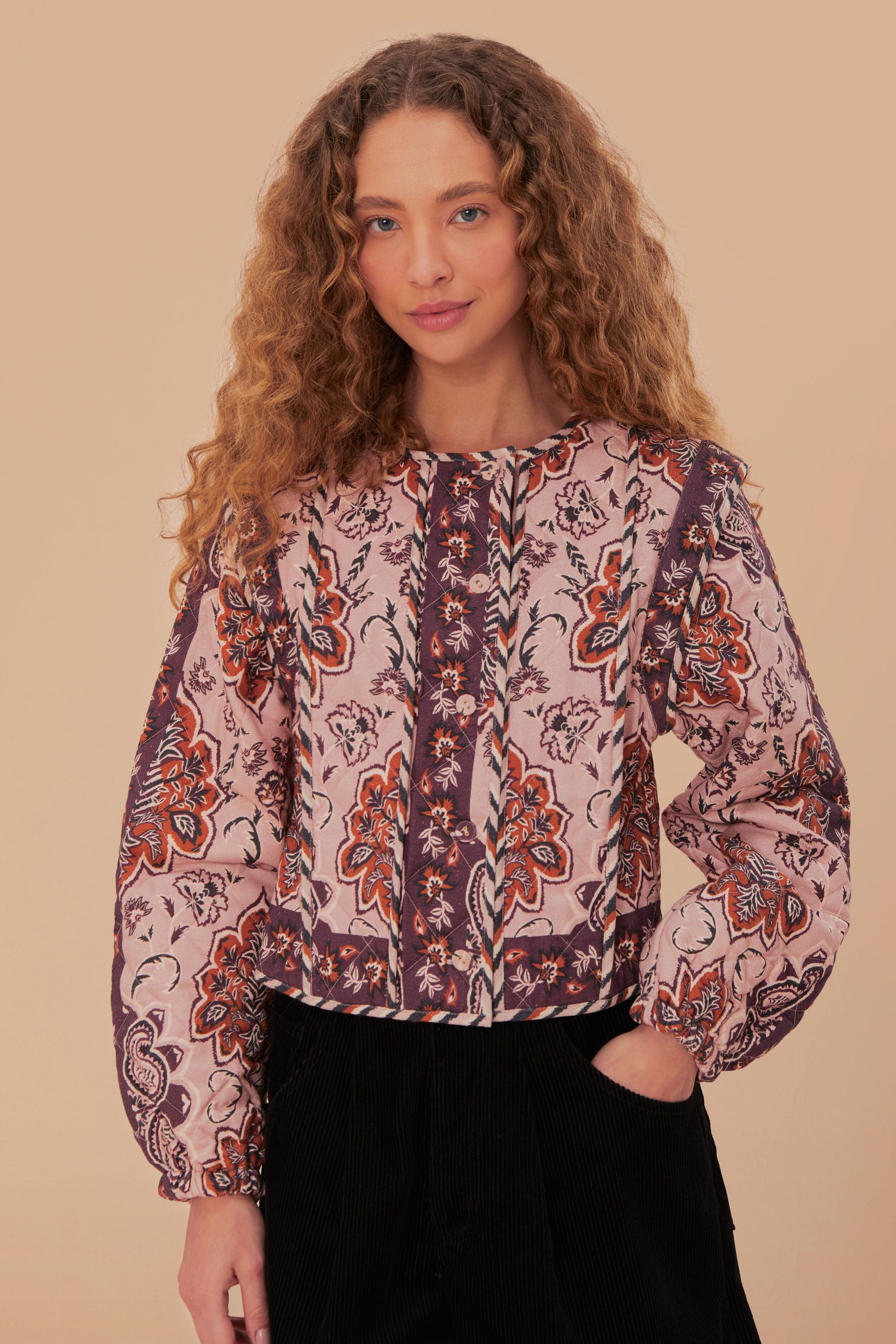 Glam Tapestry Burgundy Long Sleeve Jacket, GLAM TAPESTRY BURGUNDY / XXS