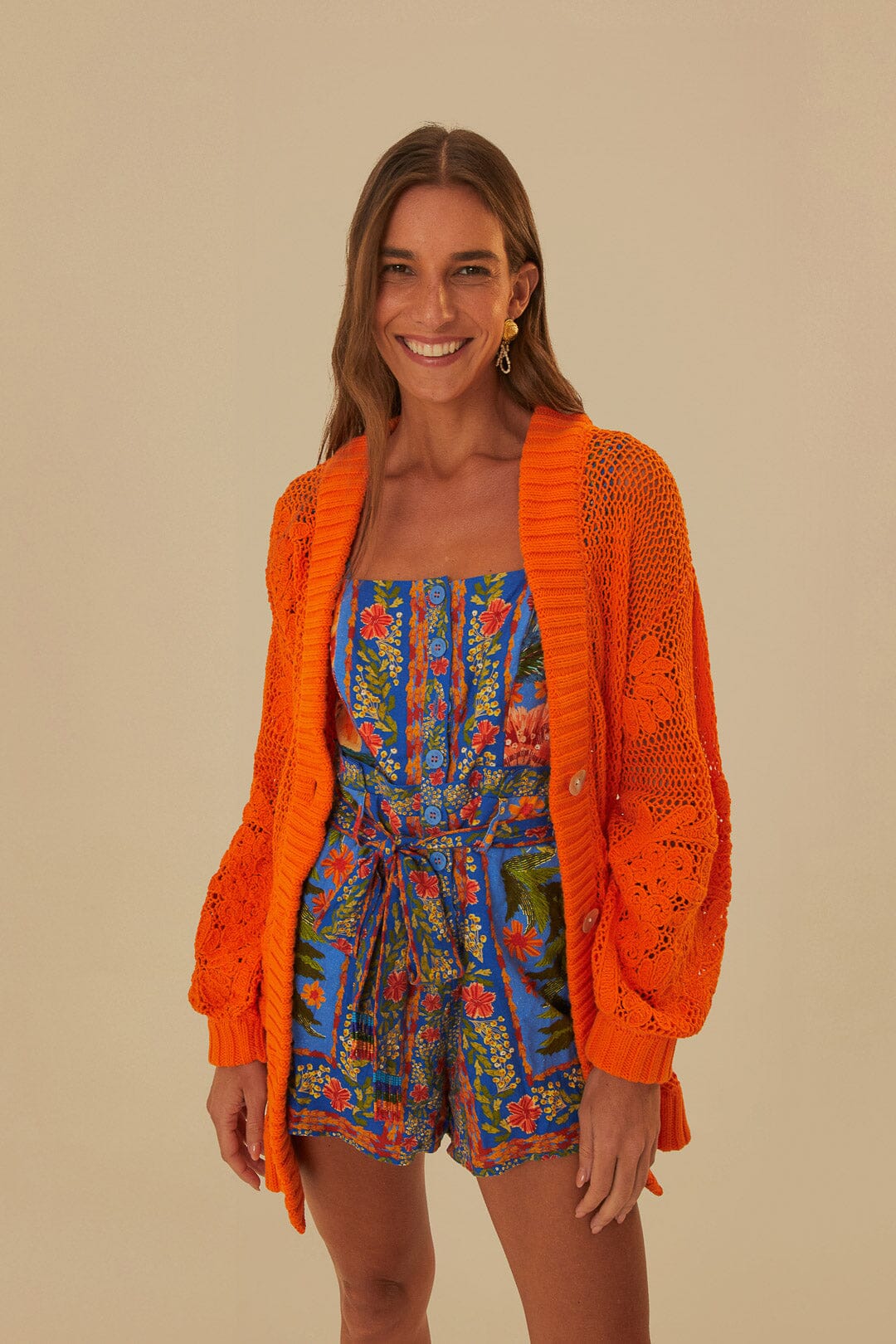 Orange Embroidered Knit Cardigan, ORANGE / XS