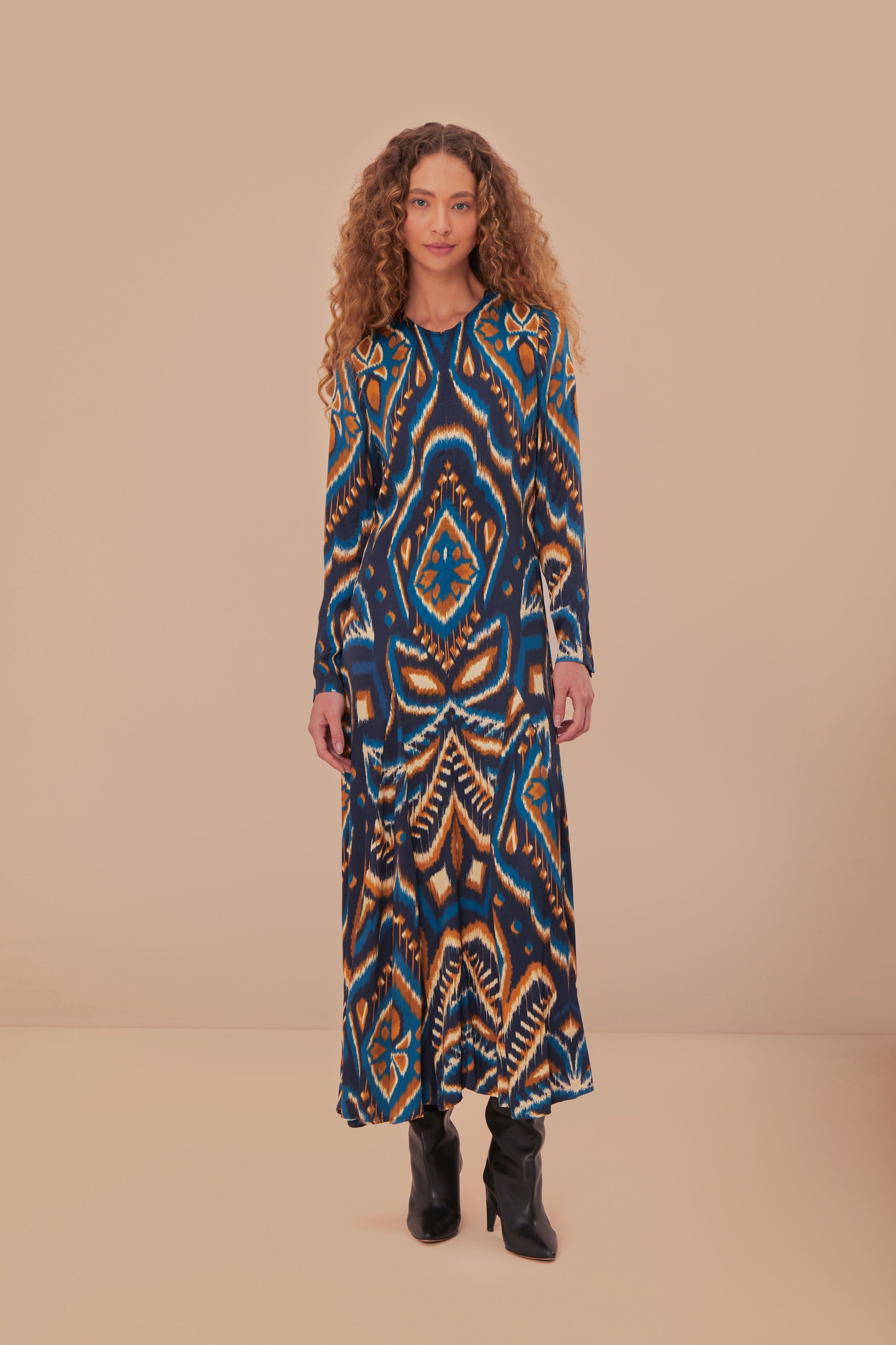 Blue Pineapple Ikat LENZING™ ECOVERO™ Viscose Maxi Dress, PINEAPPLE IKAT BLUE / XL