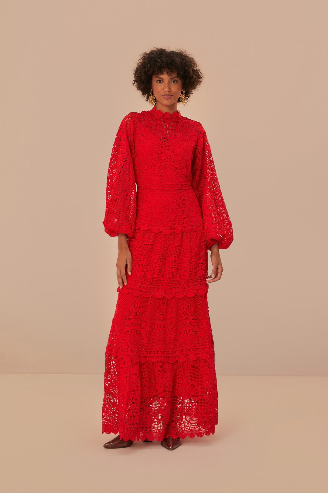 Red Guipire Long Sleeve Maxi Dress, RED / XXS