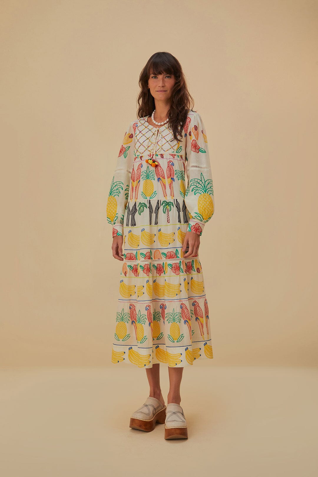 Off-White Tropicolors Yoke Embroidered Midi Dress, TROPICAL COLOR OFF-WHITE / S