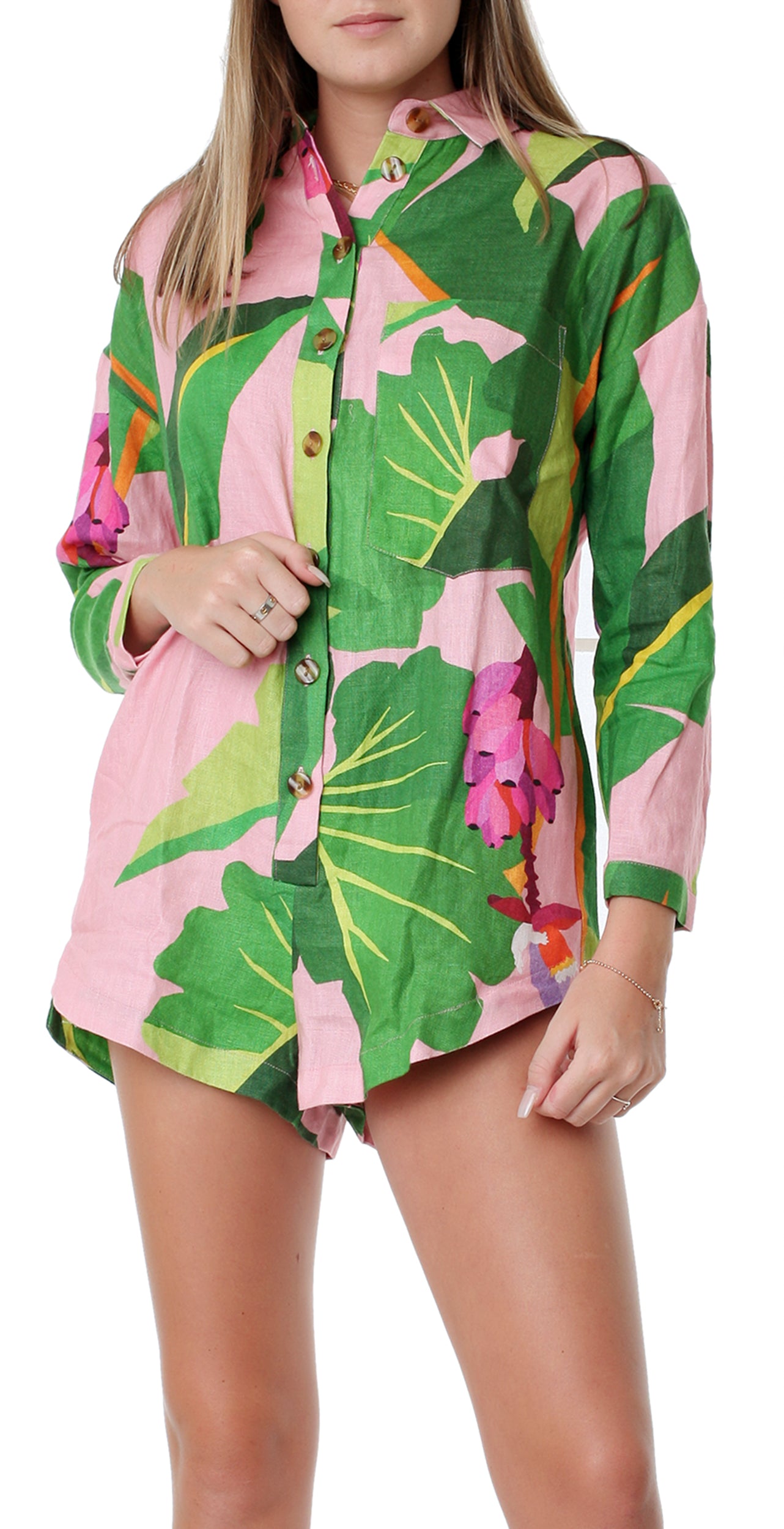 Linen Romper Pink Tropicalistic