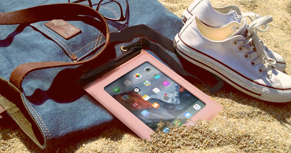 Waterproof tablet cases on the beach