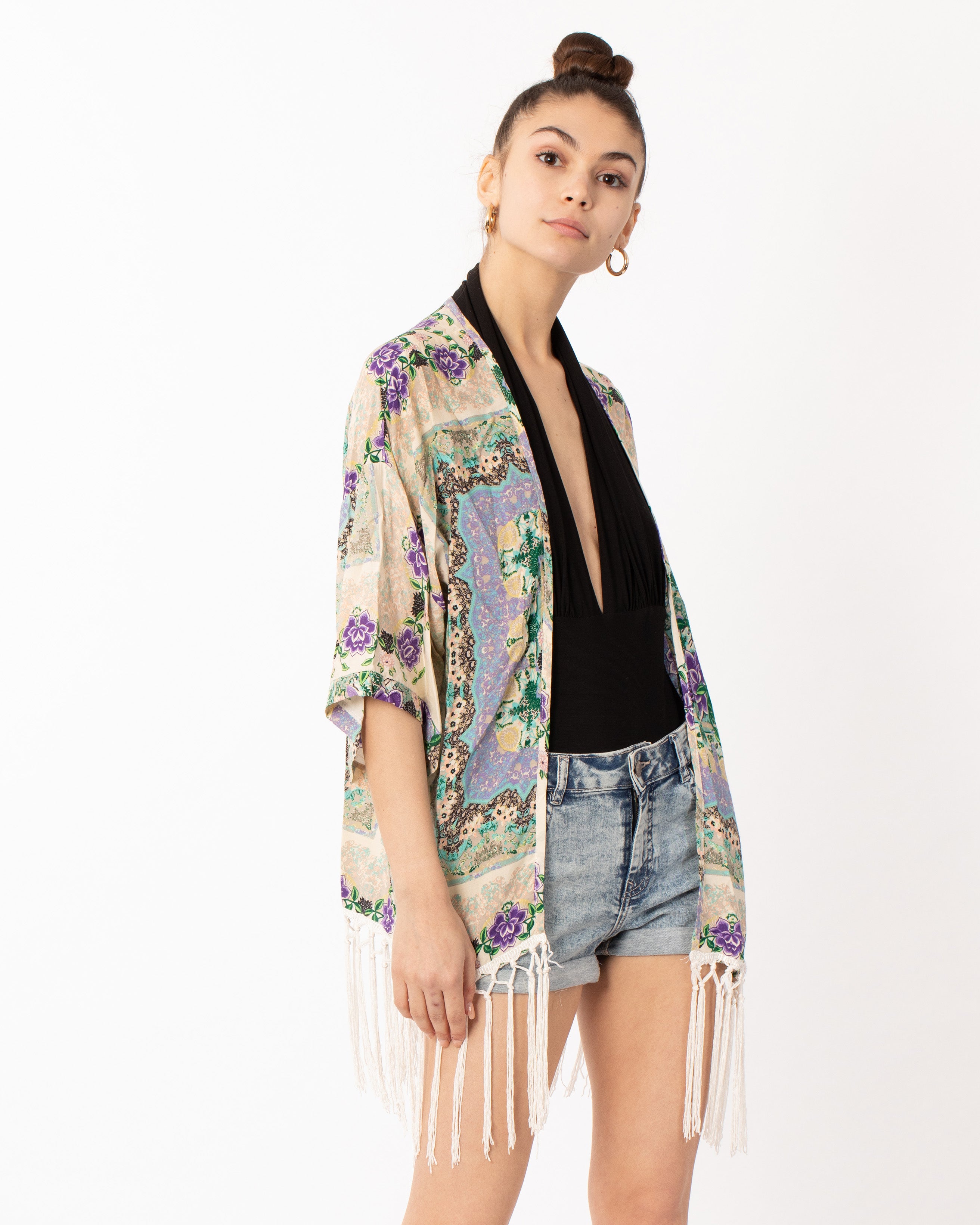 Floral Scarf Print Cotton Fringe Kimono Top (PURPLE)