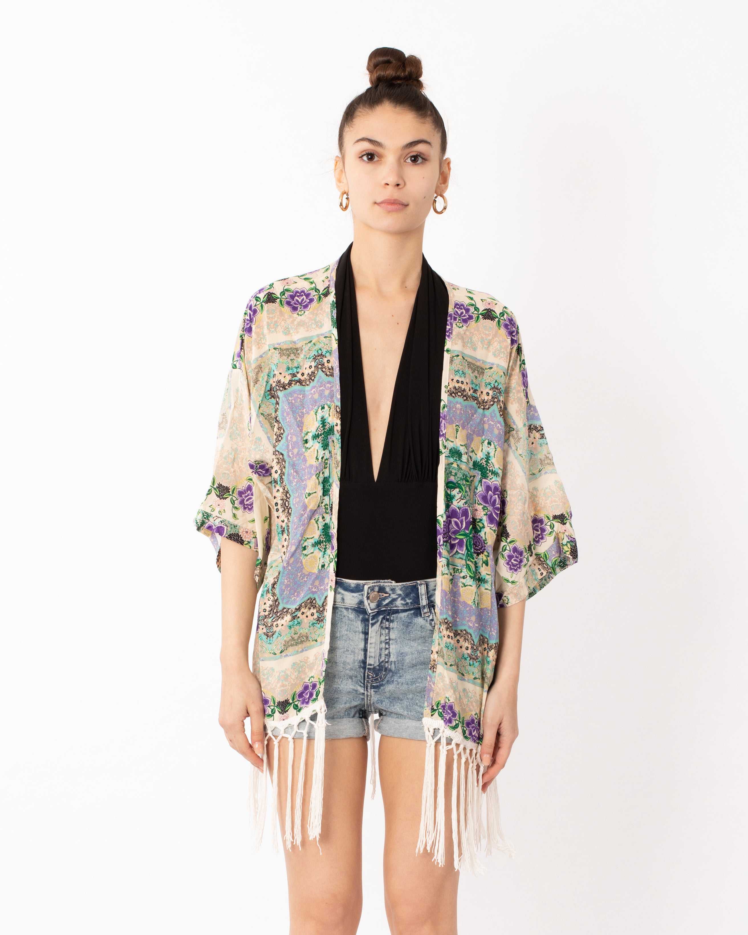 Floral Scarf Print Cotton Fringe Kimono Top (PURPLE)