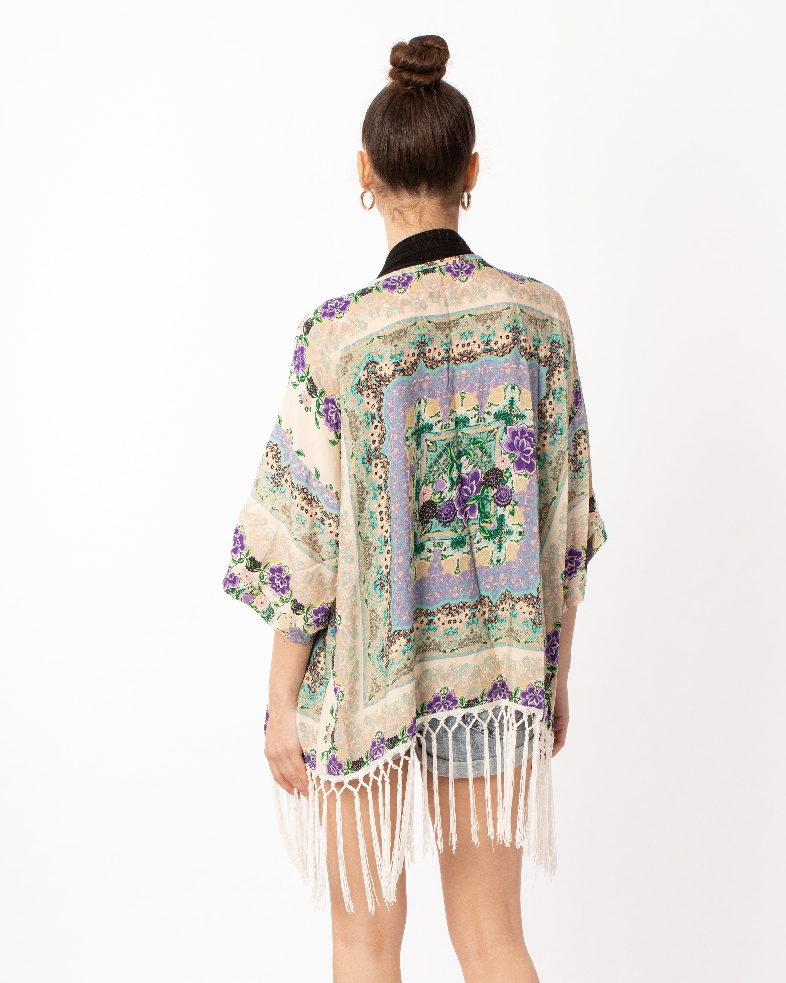 Floral Scarf Print Cotton Fringe Kimono Top (PURPLE)