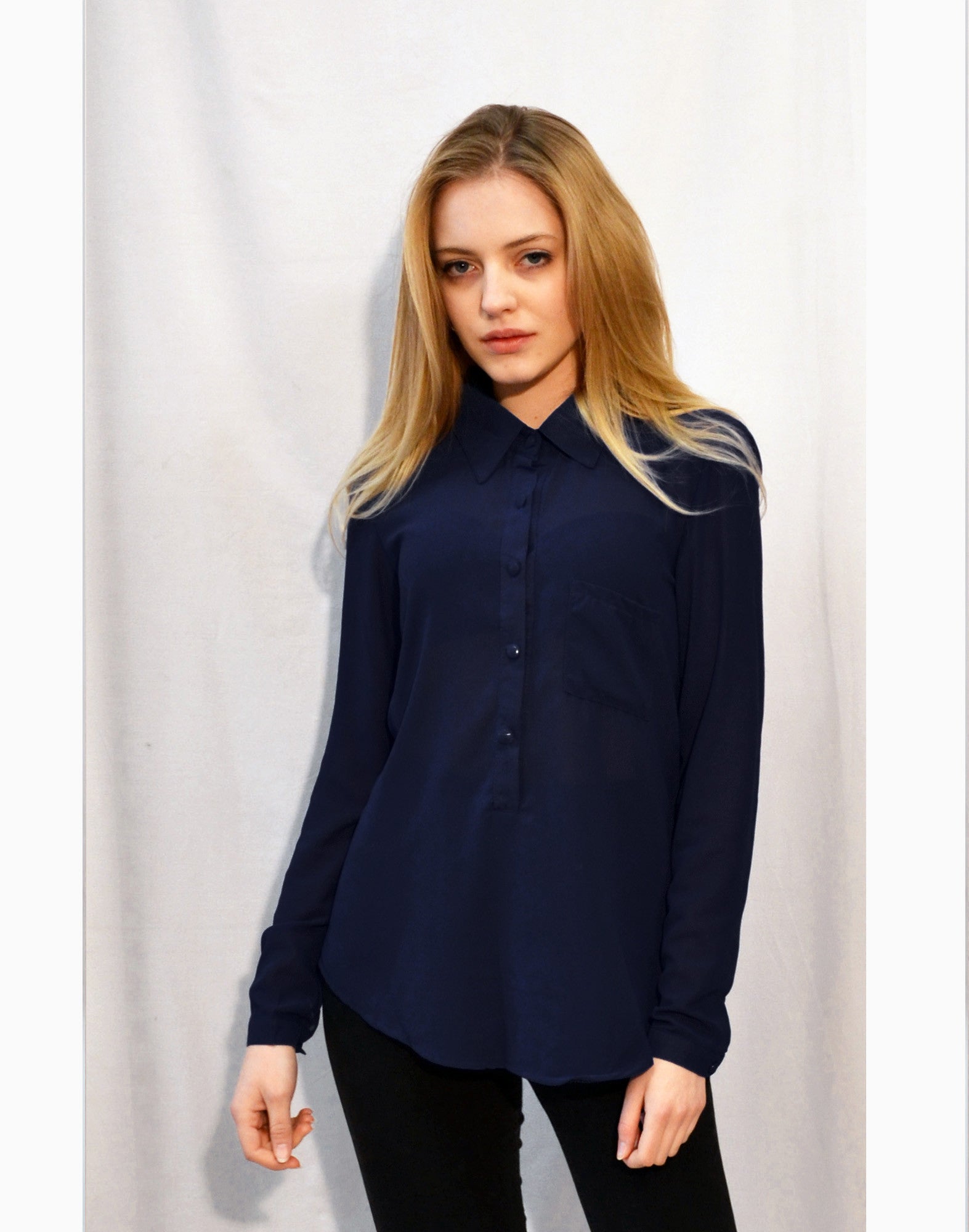 Plain Color Chiffon Shirt with Front Pocket (Navy)