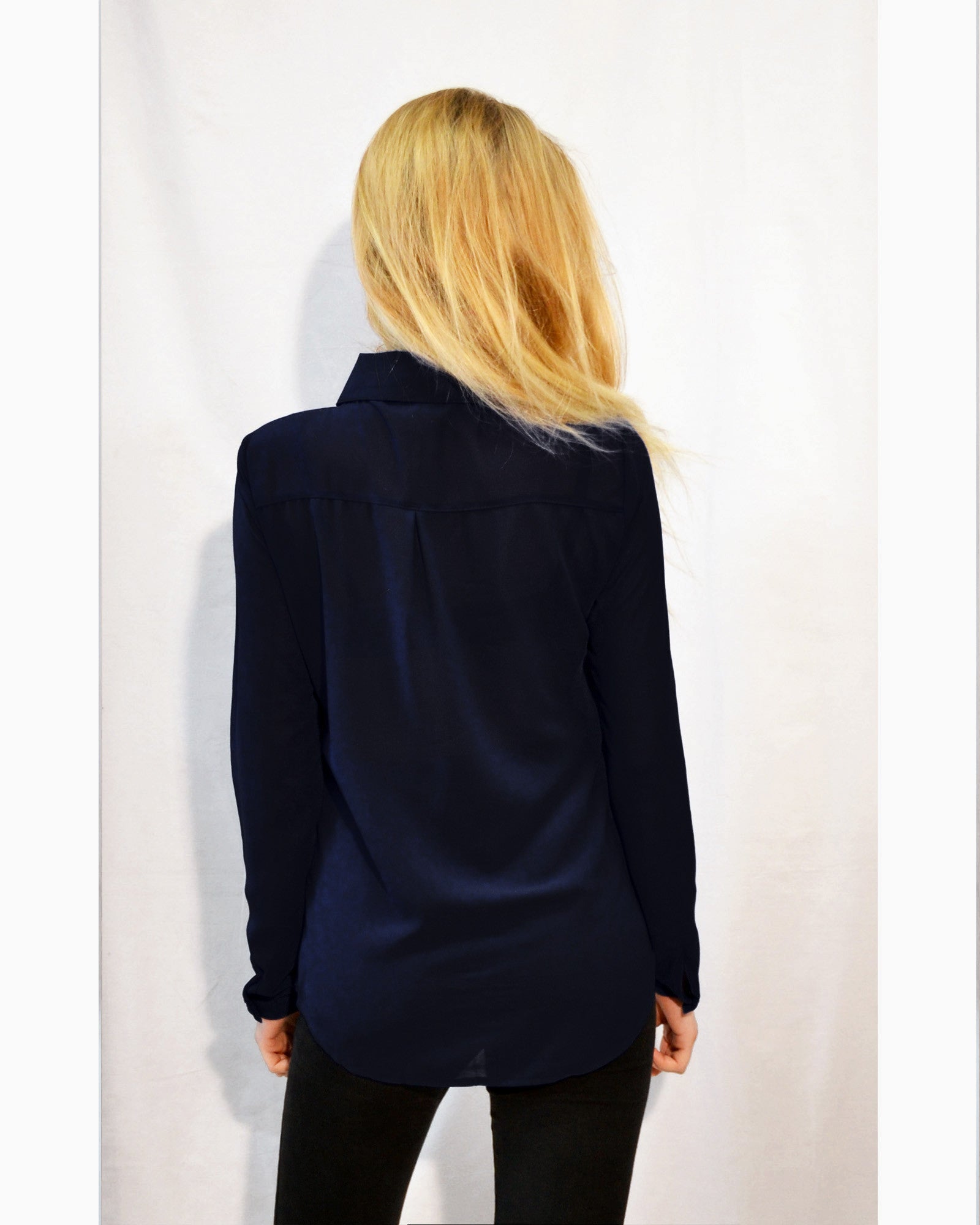 Plain Color Chiffon Shirt with Front Pocket (Navy)