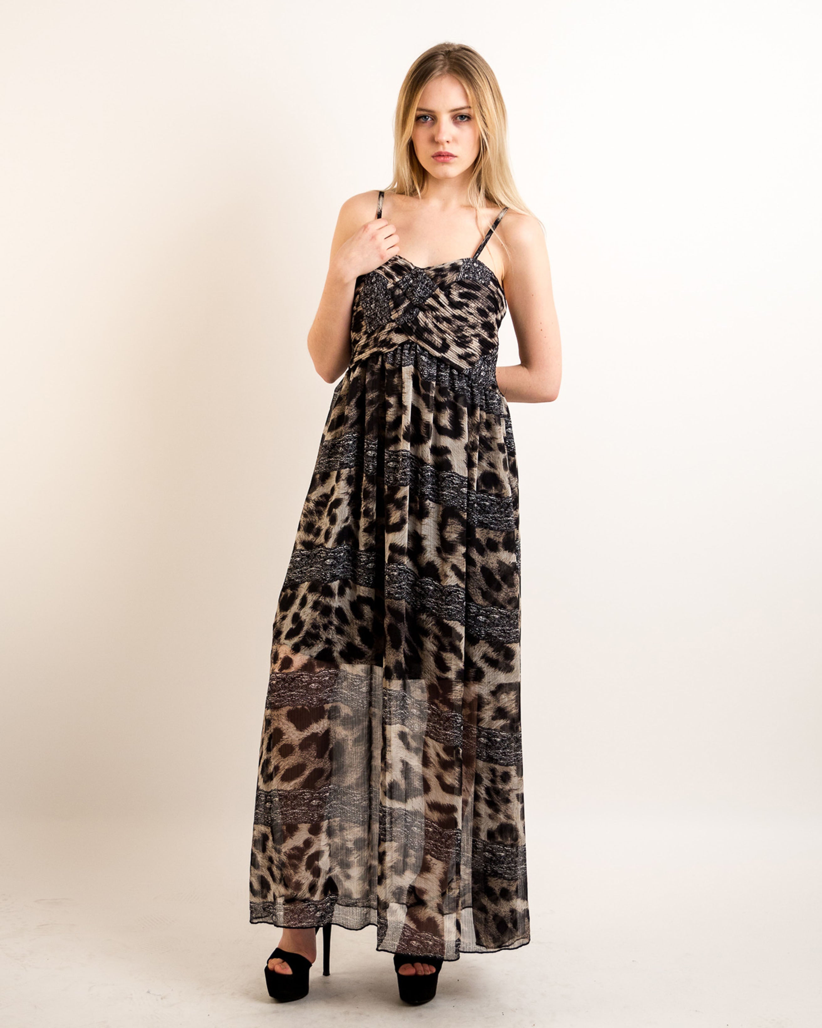 Leopard print Chiffon Pleated Bust & Sweetheart Neckline Maxi Dress ...