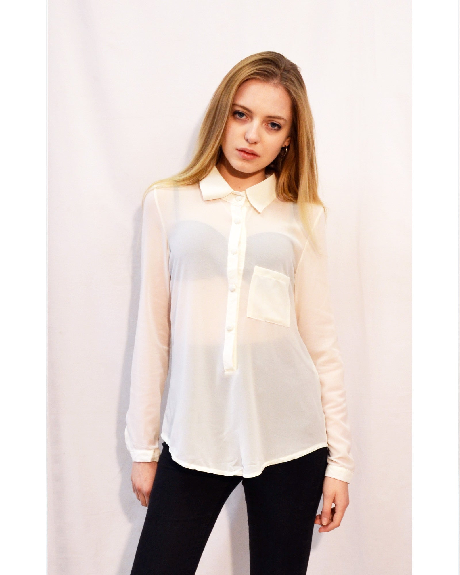 Plain Color Chiffon Shirt with Front Pocket (Cream)