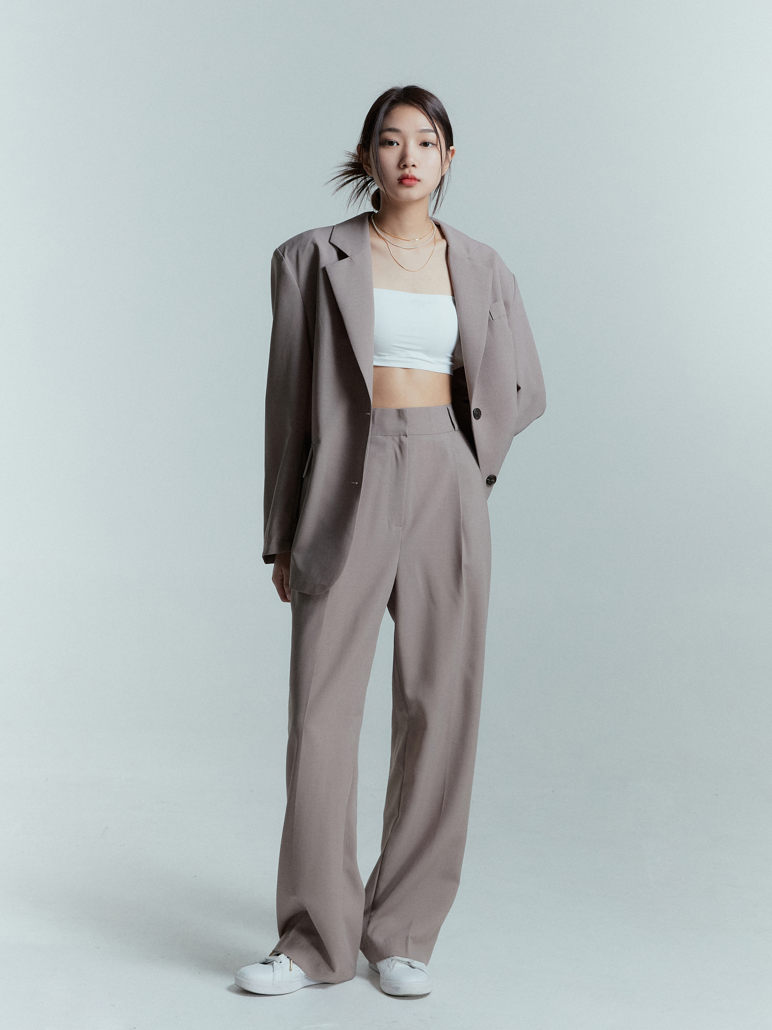 Shoulder Padded Jacket and Relaxed Pleated Trouser