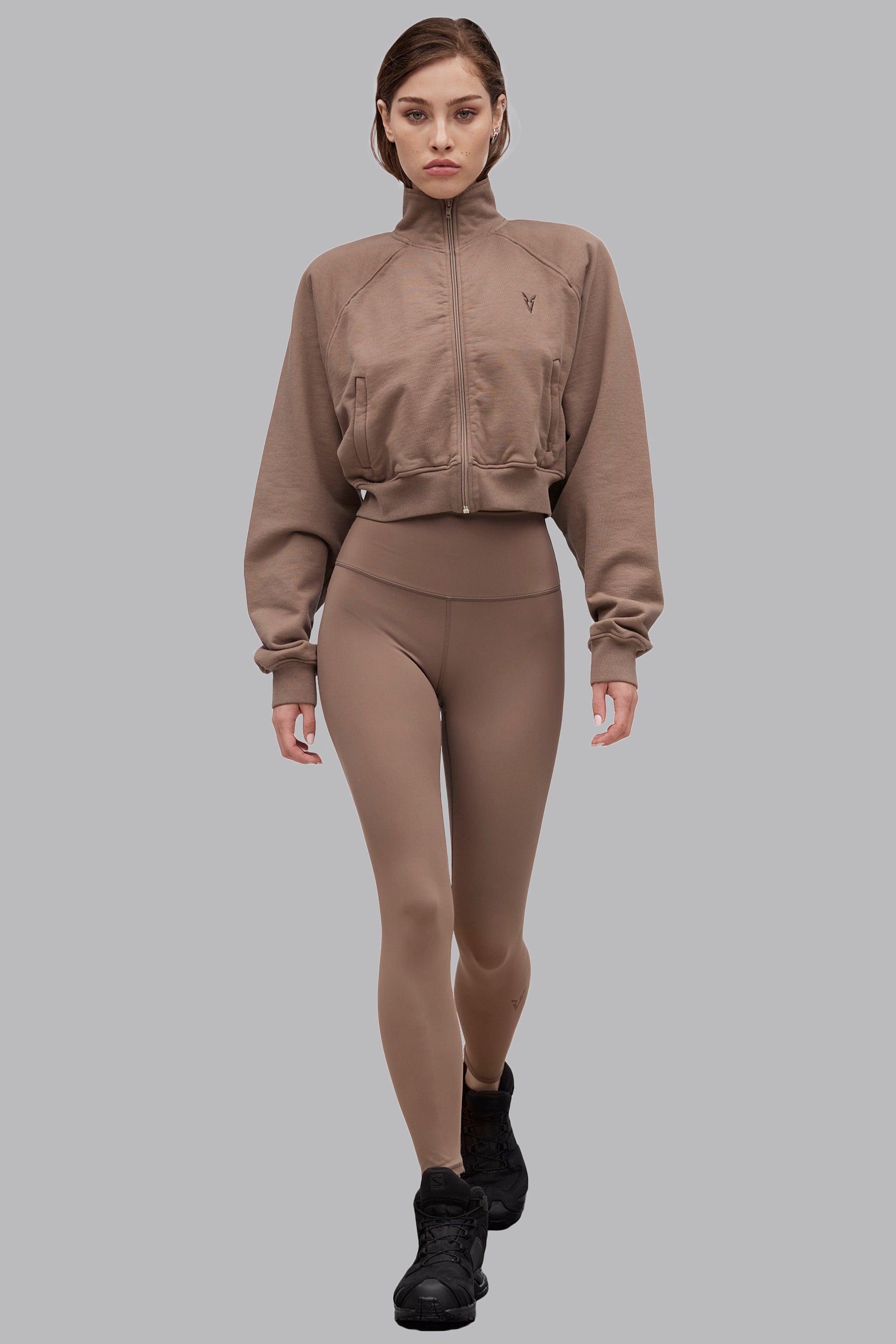 Signature Zip Up Cropped Sweater - Tan