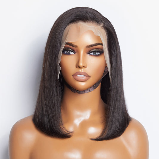 Tedhair 12 Inches 13x4 #1B Straight Lifting Bang Side Part Lace Frontal Wig-100% Human Hair
