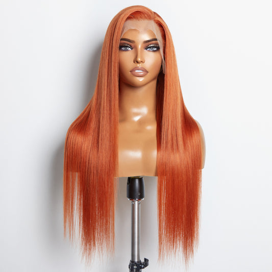 Tedhair 24 Inches Ginger 13"x4" Lace Front Straight Wig Pre-Plucked Free Part 150% Density-100% Human Hair