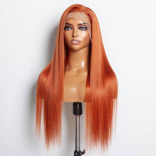 Tedhair 24 Inches Ginger 13"x4" Lace Front Straight Wig Pre-Plucked Free Part 150% Density-100% Human Hair