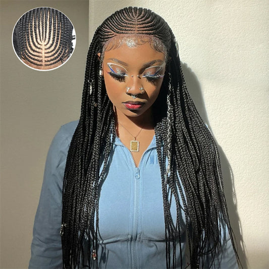 Tedhair 30 Inches 13x7 Fulani Braided Neat Braids Lace Front Wigs 200% Density-100% Handmade