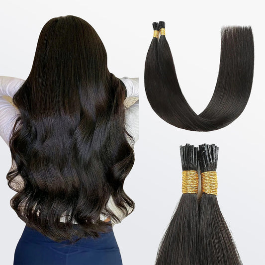 Tedhair I Tip Hair Extensions Straight Natural Remy Human Hair (#1B Natural Black)