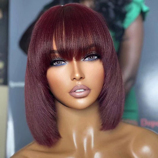 TedHair 10 Inches Reddish Purple Layered Cut Yaki Straight #99J Lace Bob Wig With Bangs