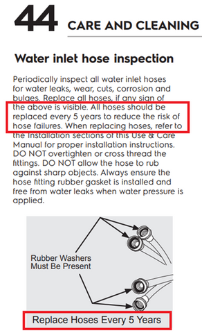 Electrolux washing machine manual excerpt: Replace hose every 5 years to reduce risk of failure.