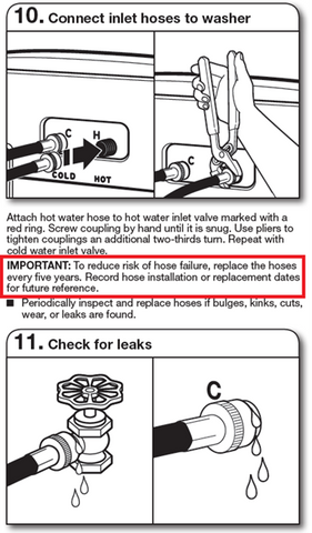 Whirlpool washing machine manual excerpt with an important notice to replace the washing machine hoses every 5 years and to record the date of installation and replacement.