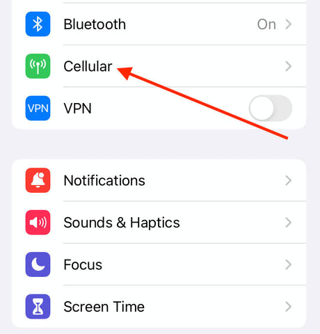 Screenshot of "cellular settings" - first step of turning on your US Mobile line to receive 2FA SMS messages abroad