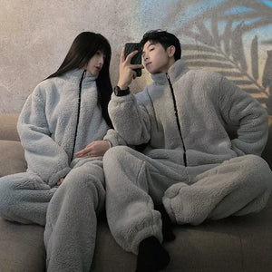 Winter Pajamas Women Coral Fleece Homewear Suit Couple Long Pijama Men Thickened Velvet Warm Soft Comfortable Pajamas Set - tiazivo