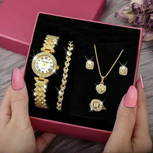 Fashion Luxury Full Crystal 5 Pcs Watch  Necklace Earrings  Ring  Set for Women Rhinestone  Wristwatch Female Bracelet Set Gift - tiazivo