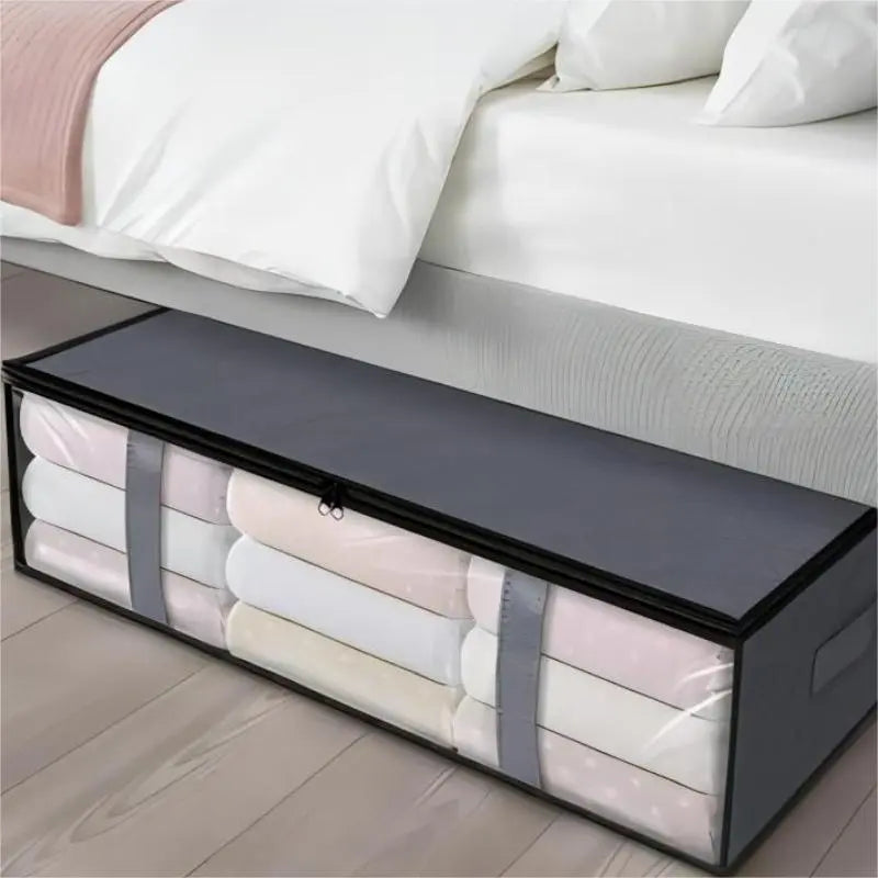 1pc Simple Zipper Underbed Storage Bag, Foldable Organizer With Window, Lightweight Clothes Container With Handles