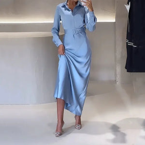 Ellafads Women Maxi Dress Autumn Fashion Office Solid Lapel Long Sleeve Nipped Waist With Belt Formal Occasion Dresses - tiazivo
