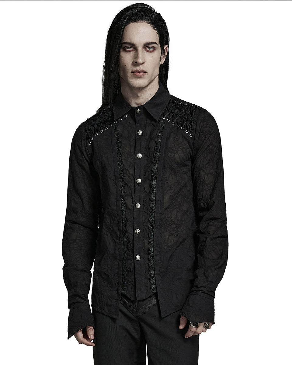 PR-Y1463-BKM Mens Gothic Vampire Pleated Chiffon Lacing Dress Shirt