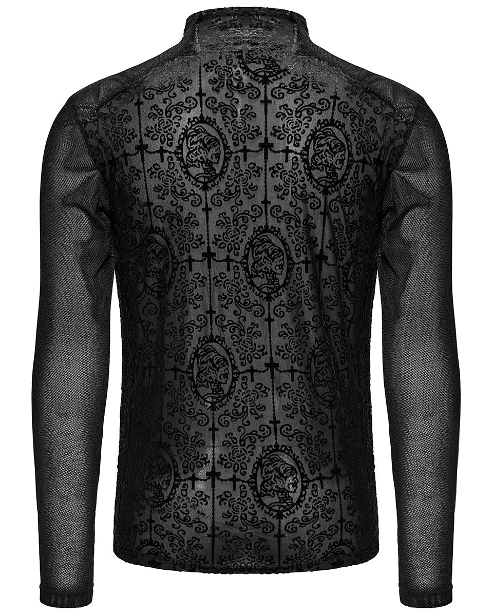 WT-907TCM-BKM Mens Gothic Skull Cameo Mesh Long Sleeve Tee