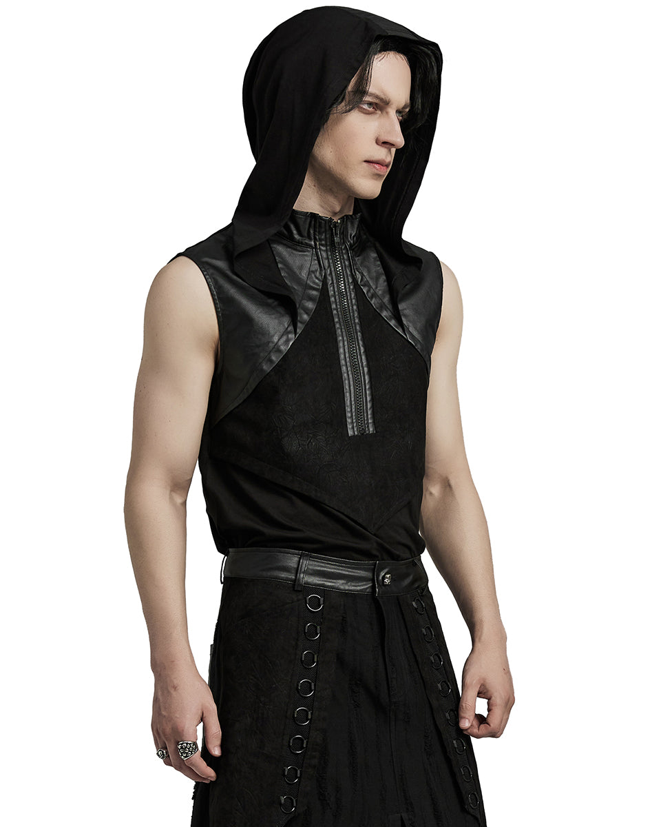 WT-892BXM-BKM Mens Gothic CyberPunk Sectional Hooded Tank Top Vest