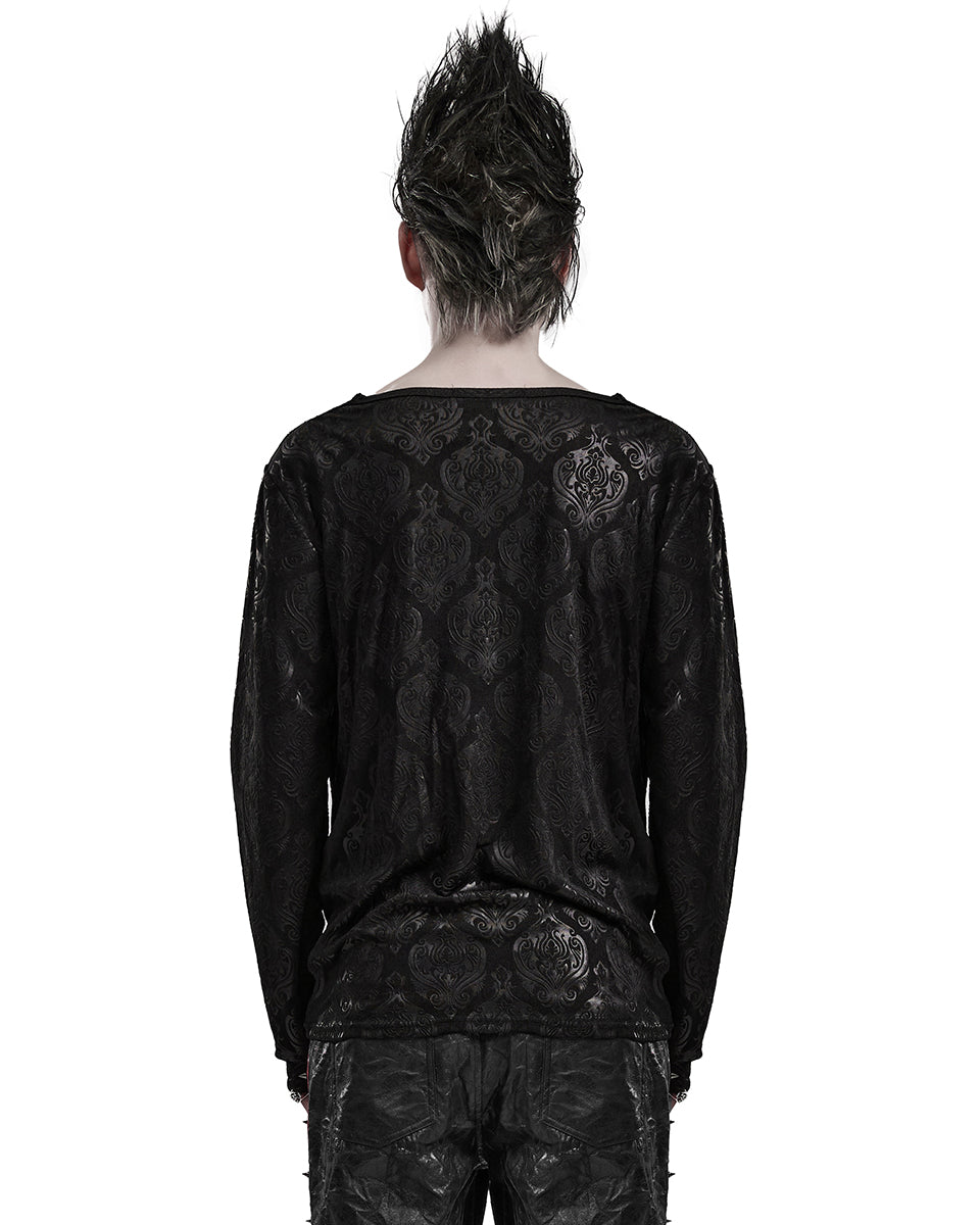 PR-WT-827TCM-BKM Mens Victorian Gothic Damask Pile Collar Top