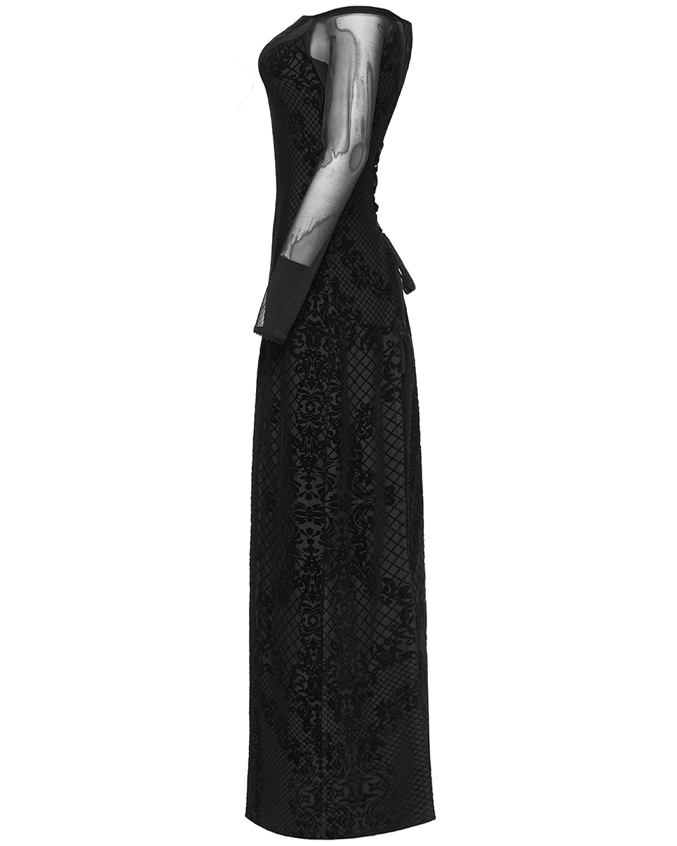 PR-WQ-651LQF-BKF Womens Gothic Flocked Velvet Damask Off-Shoulder Maxi Dress